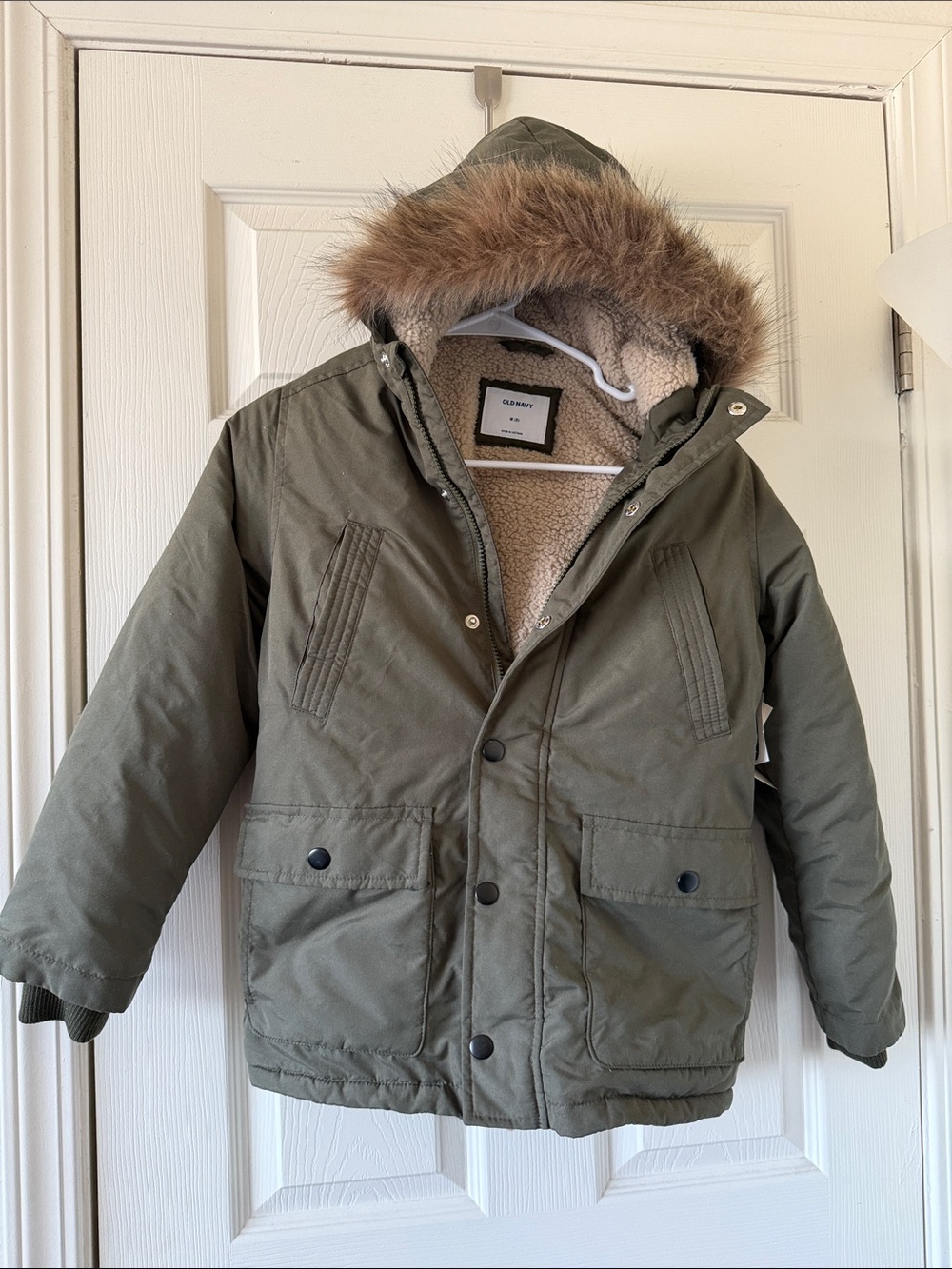 Kids Old Navy Olive Green Hooded Parka Jacket with Faux Fur Trim size Medium New